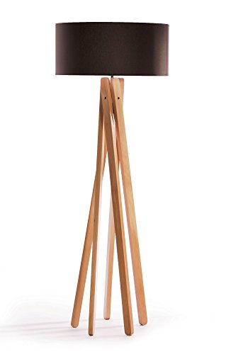Hochwertige Design Stehlampe Tripod mit Textil Schirm aus Chintz in anthrazit/schwarz und Stativ/Gestell aus Holz Echtholz (Buche) | H= 160cm | Stehleuchte | Natur | Handgefertigte Leuchte