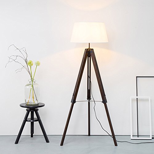 Stativ Stehleuchte mit Textilschirm, Tripod Dreibein aus Holz, H 145 cm, Ø 45 cm, 1x E27 max. 60W, Metall / Holz / Textil, holz dunkel / weiß