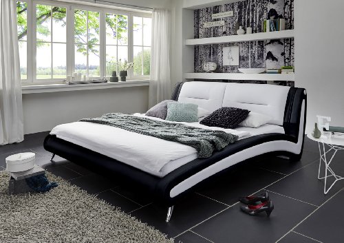SAM® Polsterbett Silva in schwarz weiß 180 x 200 cm, Chrom farbene Füße, Kopfteil gepolstert, geschwungene Seitenteile, modernes Design, Wasserbett geeignet