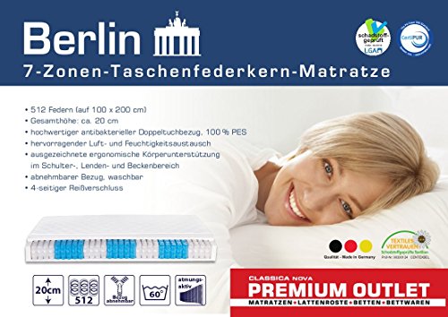 „Berlin“ Orthopädische 7-Zonen Taschenfederkernmatratze 90 x 200 H3, Öko-Tex 100 Rollmatratze, Bezug Waschbar, 4-Seiten-Reißverschluss, Ergonomisch
