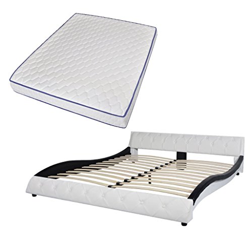 Festnight Bett Kunstlederbett Wellen-Design Polsterbett Doppelbett Bettgestell mit 160x200cm Memory-Schaum-Matratze Schwarz und Weiß