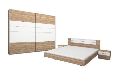 Rauch Schlafzimmer Komplett Set mit Bett 180x200, Schwebetürenschrank, Nachttischen Eiche San Remo hell, Absetzungen Alpinweiß
