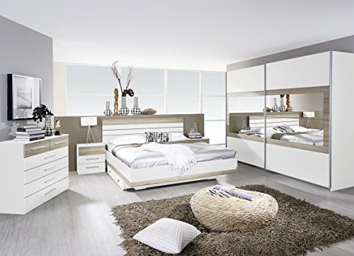 Rauch Schlafzimmer Komplettangebot Schwebetürenschrank 271 cm/Bett 160 x 200 cm / 2 x Nachtkonsole Alpinweiß-Eiche Sanremo