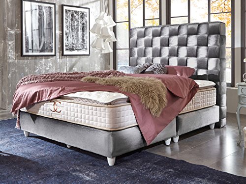Boxspringbett Miami Silber-grau Samt-Stoff Designer Hotelbett geflochtet Doppelbett Taschenfederkern-Matratze Topper Modern Luxusbett