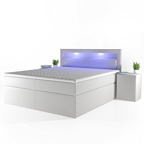 OSKAR Design Boxspringbett LED Komfortschaum-Topper Bonnell-Federkernmatratze Doppelbett Bett Hotelbett Ehebett 180x200 cm weiß