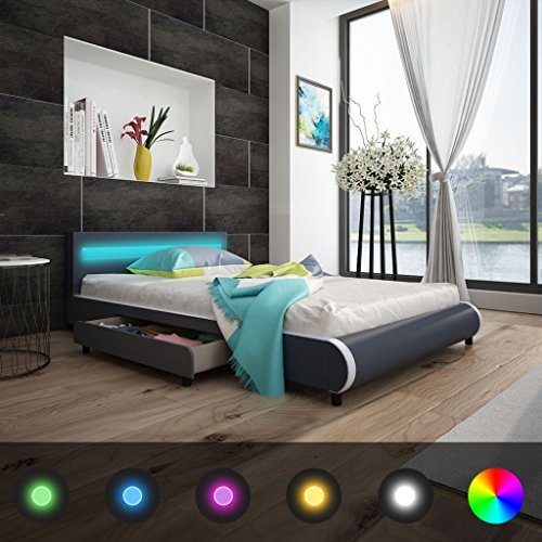 Festnight Bett Kunstlederbett Doppelbett Bettgestell Bettrahmen mit LED-Leiste am Kopfteil + 140 x 200 cm Memory-Matratze