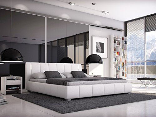 SAM® Polsterbett 140x200 cm Leon, weiß, LED-Beleuchtung, Bett mit gepolstertem, hohen Kopfteil, modernes Design