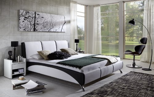 SAM Polsterbett 160x200 cm Funchal, weiß/schwarz, Rückenlehne inkl. Soundsystem, Bett aus Kunstleder, stilvolle Chromfüße, als Wasserbett geeignet