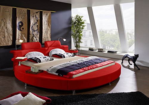 SAM® Rundbett Carlos 180 x 200 cm in rot Bett mit integrierter Beleuchtung im runden Design inklusive Nachttische und Kopfstützen mit Chrom farbenen Füßen