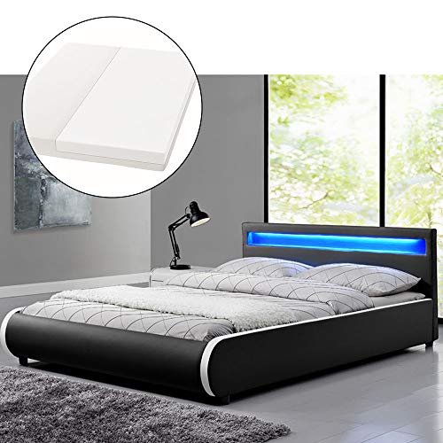 ArtLife Polsterbett Sevilla 140 x 200 cm - Französisches Bett mit Matratze, Lattenrost & LED – Holz & Kunstleder - schwarz – Jugendbett Gästebett