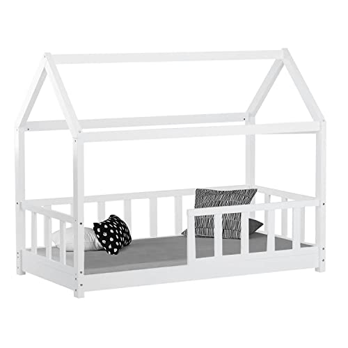 Homestyle4u 2048, Kinderbett mit Lattenrost Hausbett mit Rausfallschutz 80x160 cm Weiß Holz Kiefer