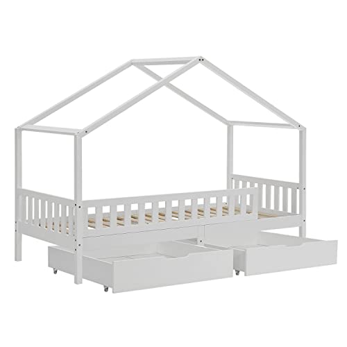 Juskys Kinderbett Yuki 90x200 cm mit Rausfallschutz, Bettkasten & Lattenrost — Holz Bett für Kinder weiß mit Dach — Hausbett für Jungen & Mädchen