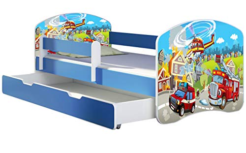 ACMA Kinderbett Jugendbett mit Einer Schublade und Matratze Blau mit Rausfallschutz Lattenrost II 140x70 160x80 180x80 (36 Feuerwehr, 140x70 + Bettkasten)