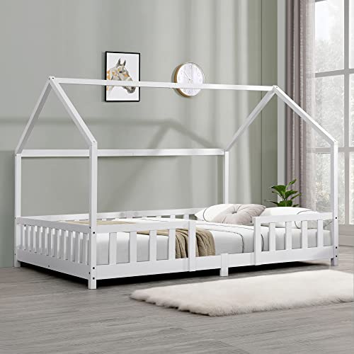 Kinderbett Sisimiut 140x200 cm Hausbett mit Rausfallschutz Bettenhaus mit Lattenrost Kiefernholz Weiß