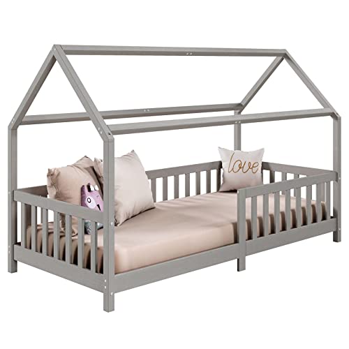 IDIMEX Hausbett NINA aus massiver Kiefer, schönes Montessori Bett in 90 x 200, minimalistisches Kinderbett mit Dach in grau