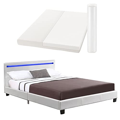 Juskys Polsterbett Verona 120 × 200 cm - Bett komplett mit LED-Beleuchtung, Matratze und Lattenrost - Kunstleder Bezug - weiß — Jugendbett