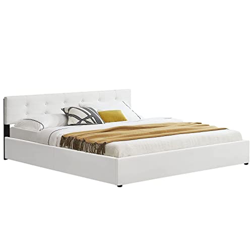 Juskys Polsterbett Marbella 180 x 200 cm mit Bettkasten & Lattenrost — Bettgestell aus Kunstleder und Holz — Bett Doppelbett weiß