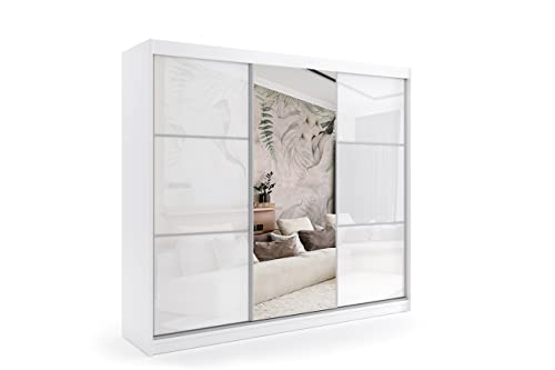 ALTDECOR Kleiderschrank mit Spiegel und Schiebetüren, kugelgelagerte Führungsschienen und Aluminium-Leisten 180 cm Weiß
