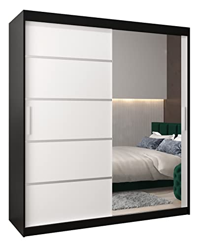 Kryspol Schwebetürenschrank Verona 2-180 cm mit Spiegel Kleiderschrank mit Kleiderstange und Einlegeboden Schlafzimmer- Wohnzimmerschrank Schiebetüren Modern Design (Schwarz + Weiß)