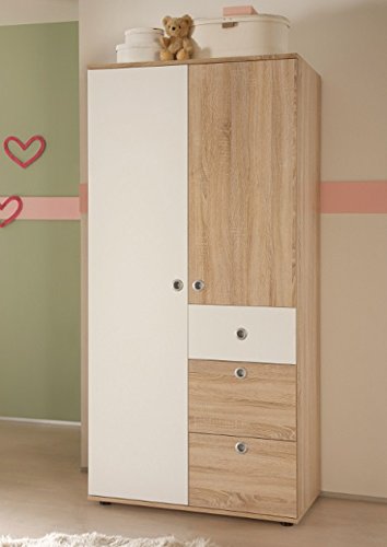 WIKI Eleganter Babyzimmer Kleiderschrank 2-türig - Vielseitiger Drehtürenschrank mit viel Stauraum in Eiche Sonoma Optik, Weiß - 90 x 191 x 53 cm (B/H/T)